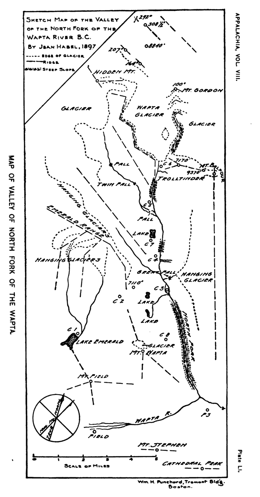 Jean Habel's 1897 hand-drawn sketch map of the valley of the north fork of the Wapta River