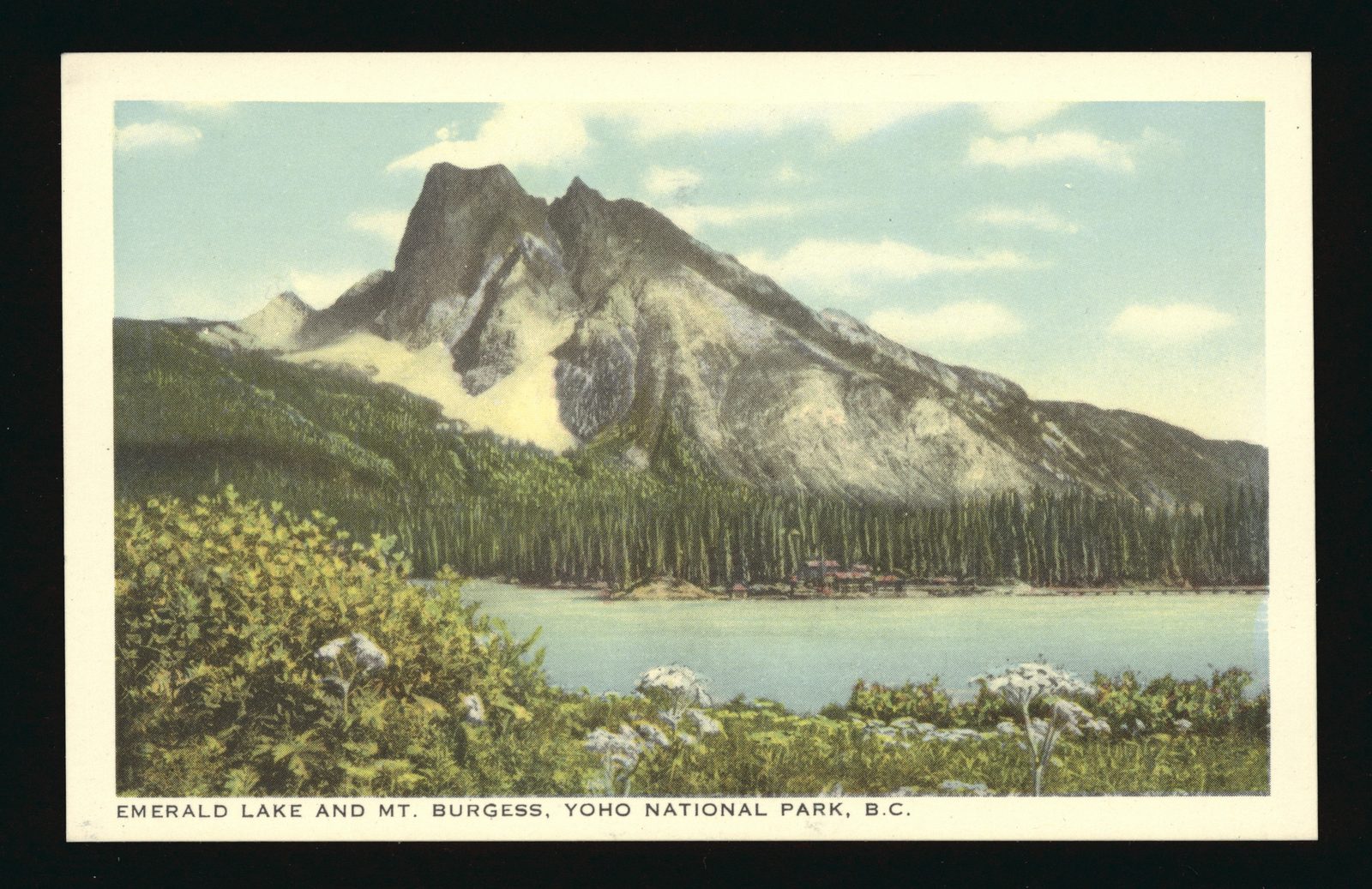 Hand-tinted postcard of Emerald Lake and Mt. Burgess, Yoho National Park, B.C.